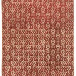 Rug 361: a transitional, handmade Indian rug with red, gold and beige elements