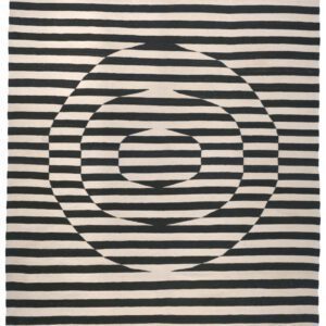 Rug 163 is striped black and cream with concentric circles in the middle in a visual illusion
