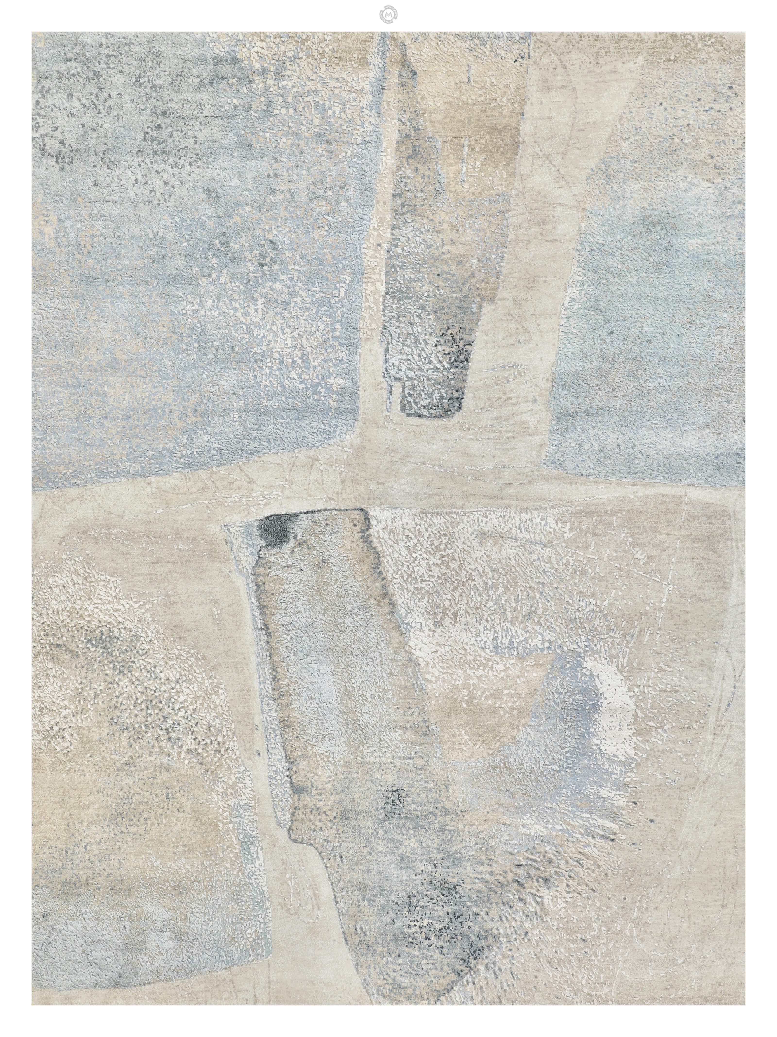 blue and cream colored silk and wool modern rug. abstract pattern